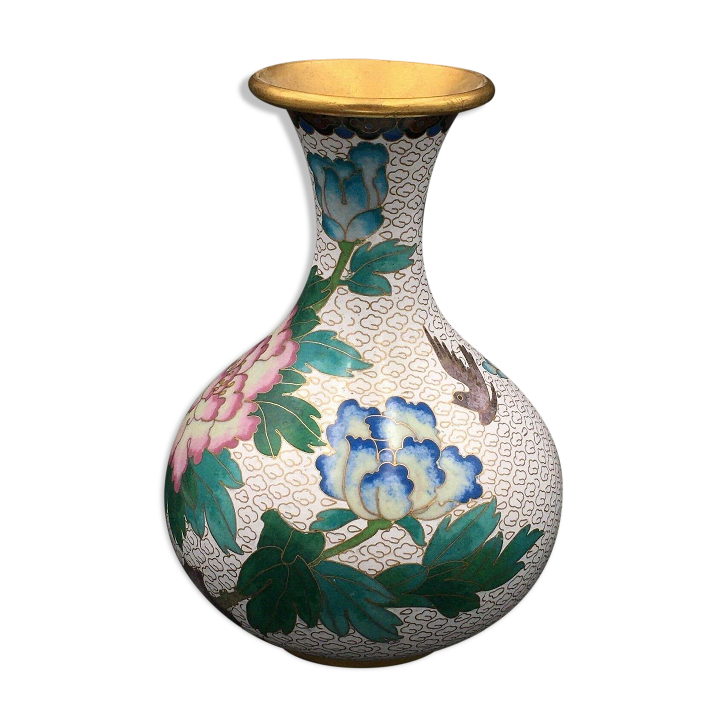 Brass Vase Email Cloisonné Decor Peony and Bird China Middle XXth Enamel