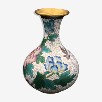 Brass Vase Email Cloisonné Decor Peony and Bird China Middle XXth Enamel