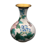 Brass Vase Email Cloisonné Decor Peony and Bird China Middle XXth Enamel