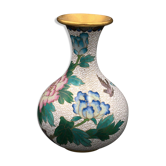 Brass Vase Email Cloisonné Decor Peony and Bird China Middle XXth Enamel