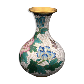 Brass Vase Email Cloisonné Decor Peony and Bird China Middle XXth Enamel