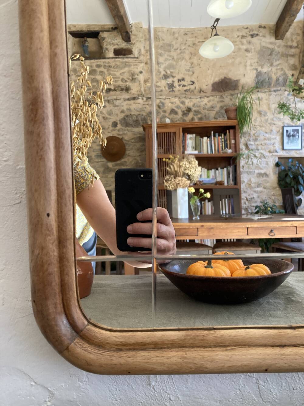 Art nouveau mirror, curved wooden frame and chiseled glass