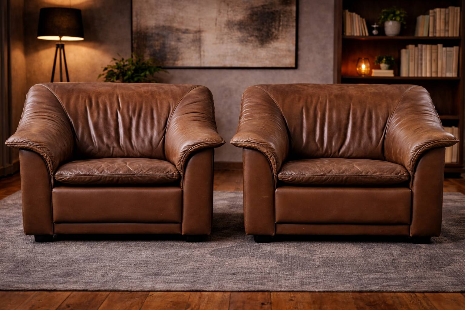 Vintage Pair of Brown Leather Lounge Armchairs — Second Half of the 20th