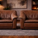 Vintage Pair of Brown Leather Lounge Armchairs — Second Half of the 20th