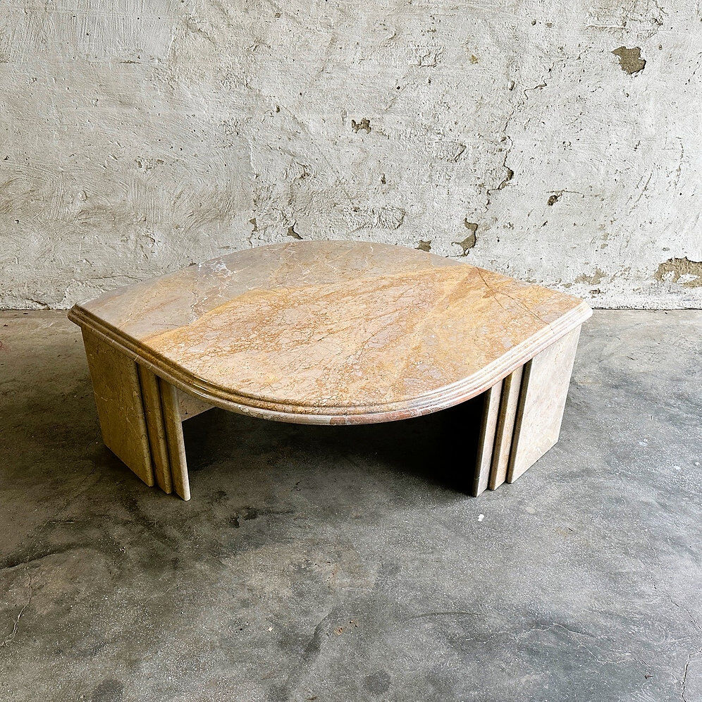 Vintage sandy coloured eye-shaped marble coffee table, France 1980s