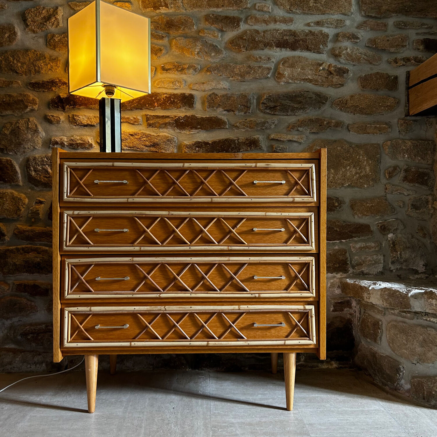 Oak and rattan chest of drawers 1960