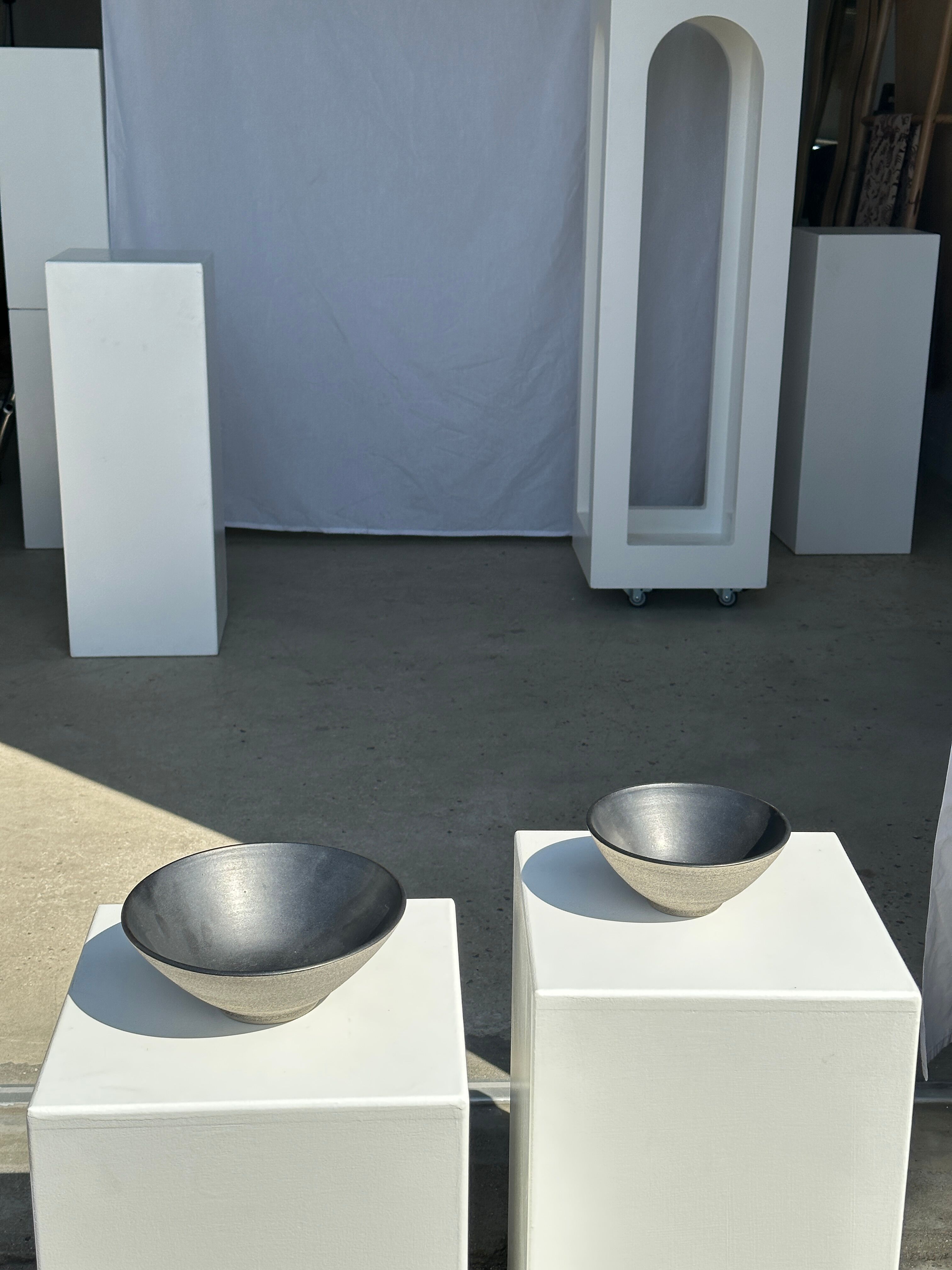 Duo of gray Indonesian ceramic bowls or salad bowls