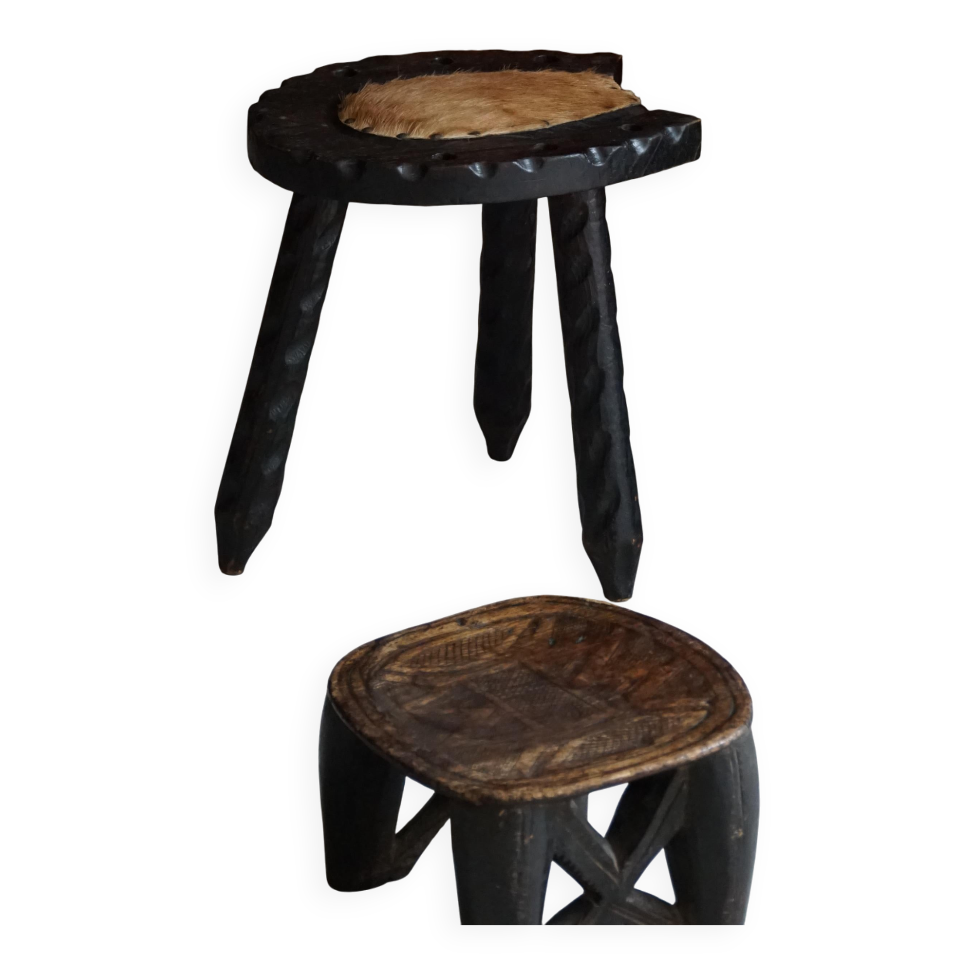 Swedish tripod stool in pine and cowhide, Wabi Sabi, 1950s