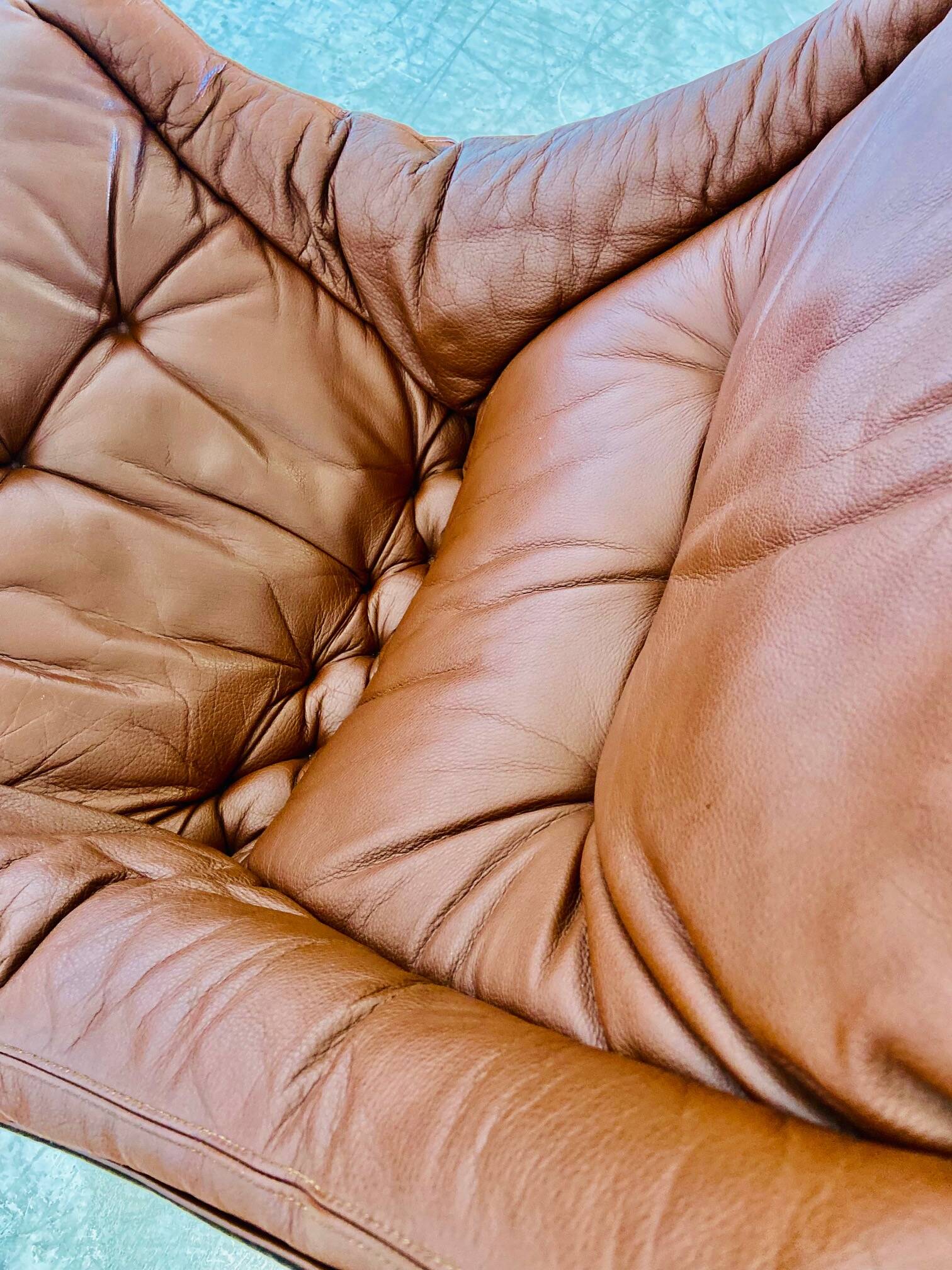 Svend Skippers vintage retro cognac leather swivel chair set 1970s