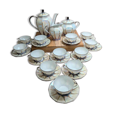 Service à café Art déco Limoges Unique signé Pailles – 27 pièces en porcelaine irisée