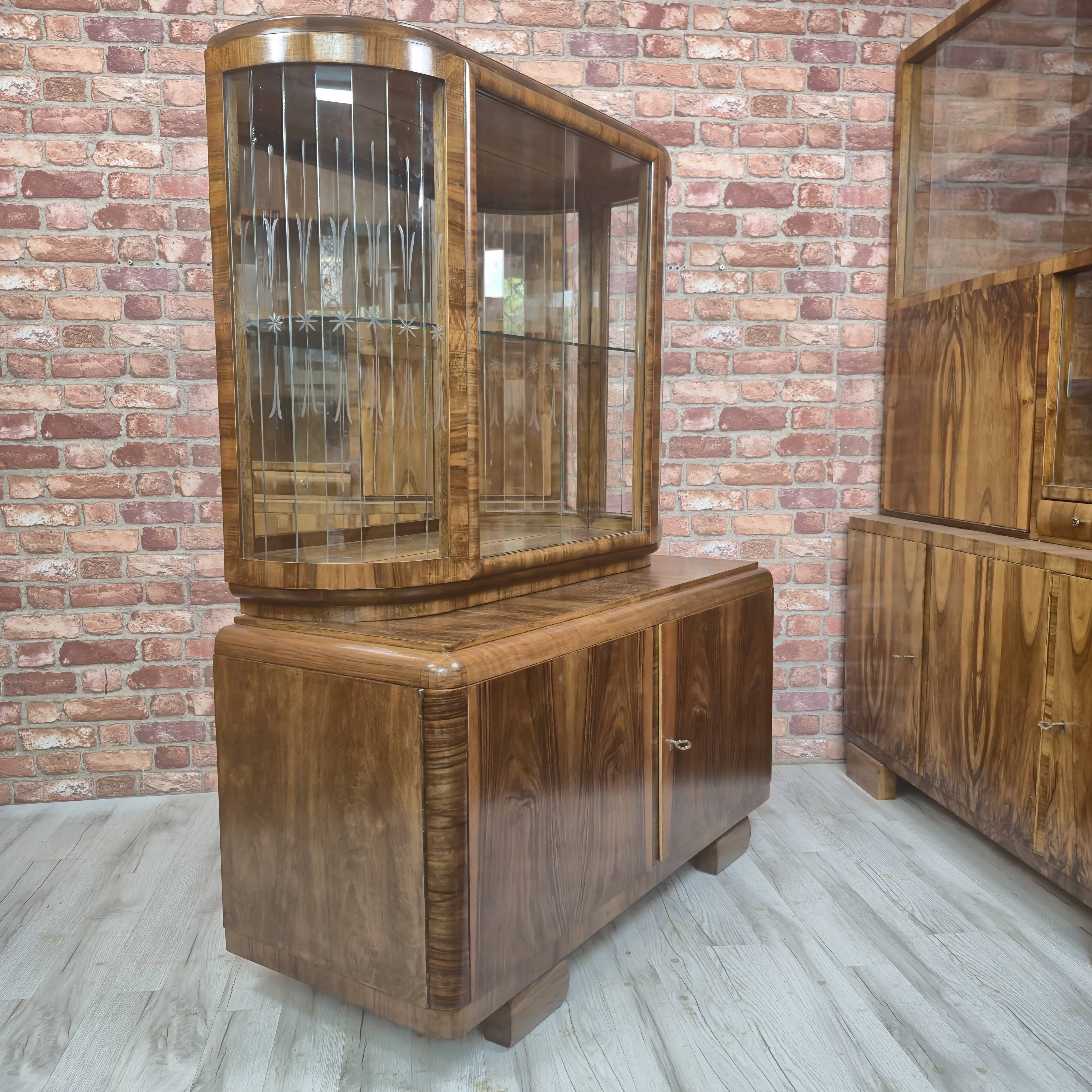 Restored Art Deco Walnut Display Cabinet with Engraved Glass Slats - 1930s