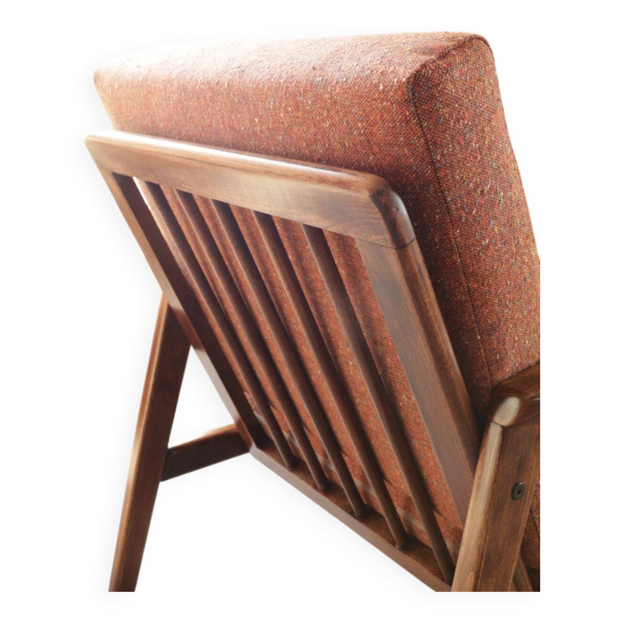 Vintage Wooden Armchair Tweed Upholstery Cushions Mid Century Design