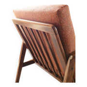 Vintage Wooden Armchair Tweed Upholstery Cushions Mid Century Design
