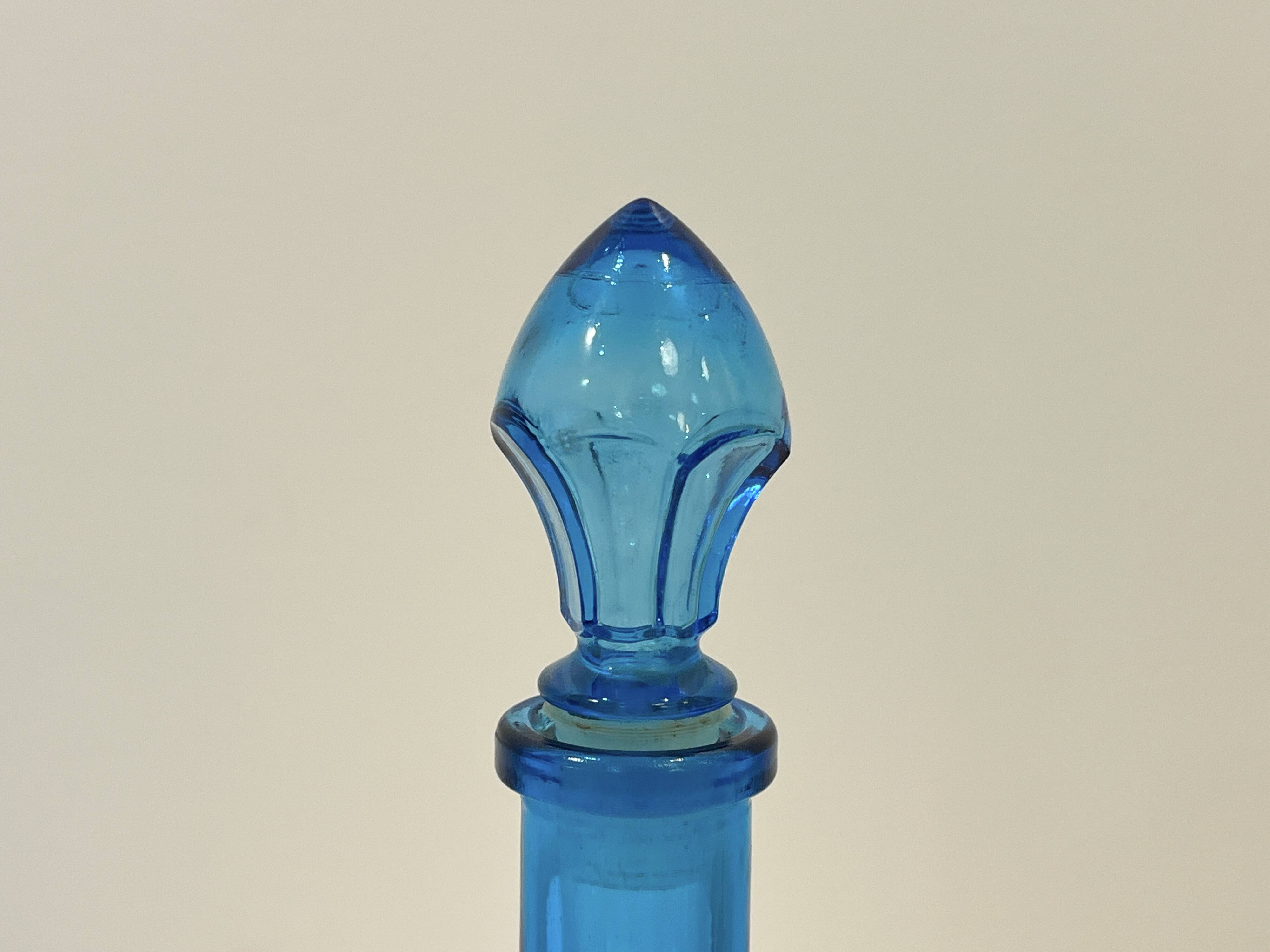 Vintage blue glass bottle Carafe with stopper Made in Belgium