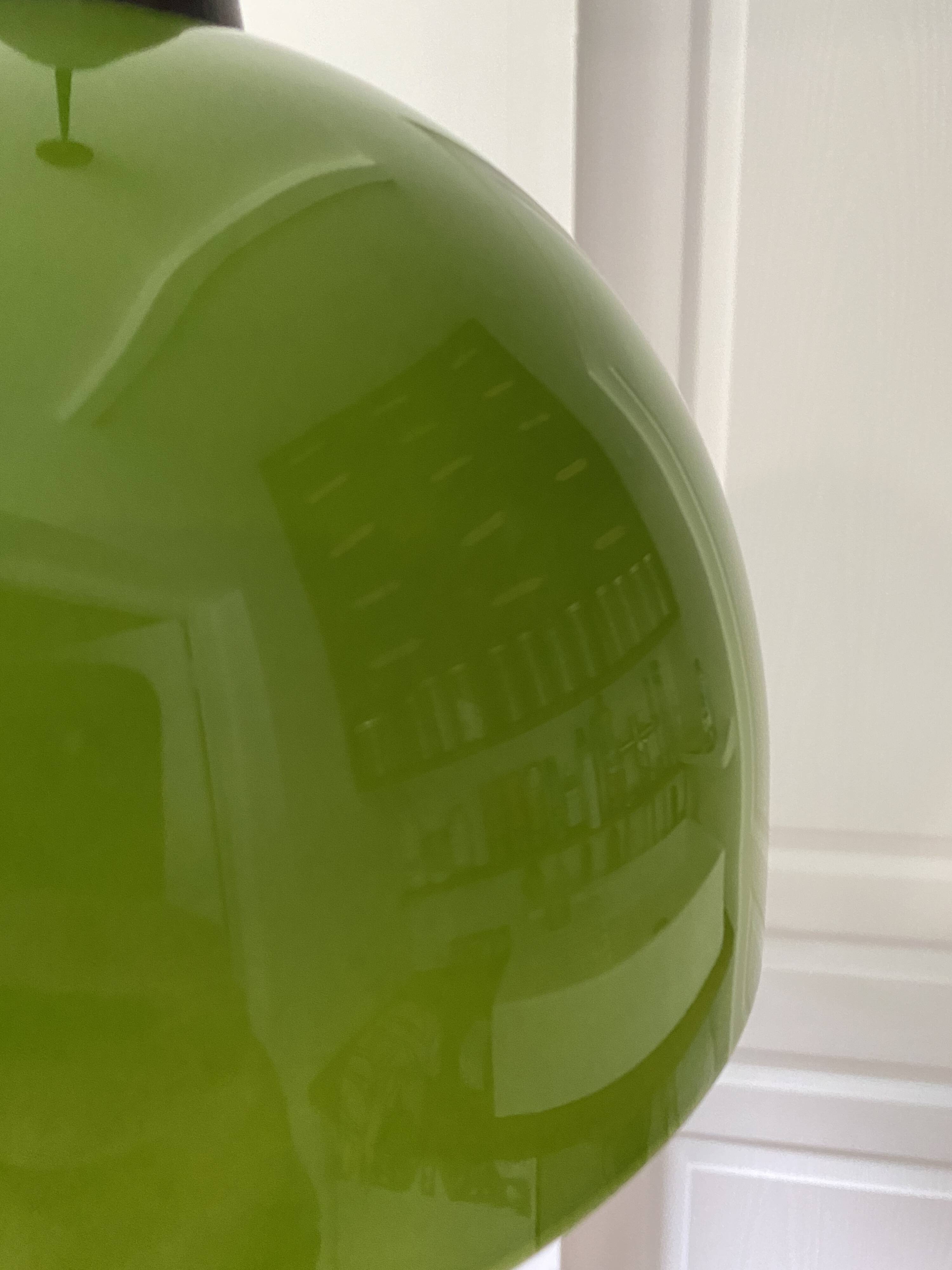 Vintage half globe pendant light in green opaline, imitation teak elements, 50s/60s