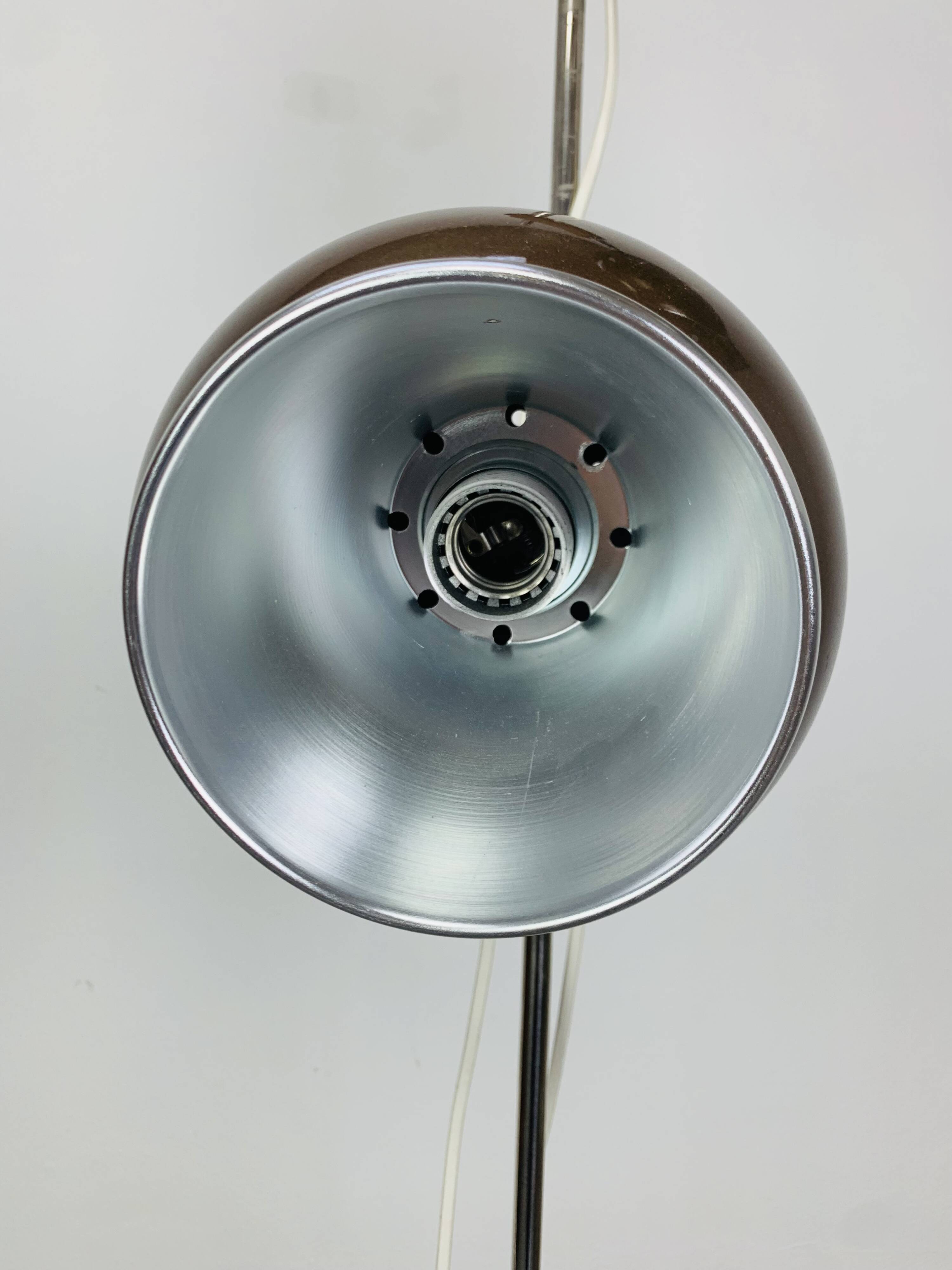 Eyeball floor lamp by Temde Leuchten, copper metal, teak and chrome, 70s.