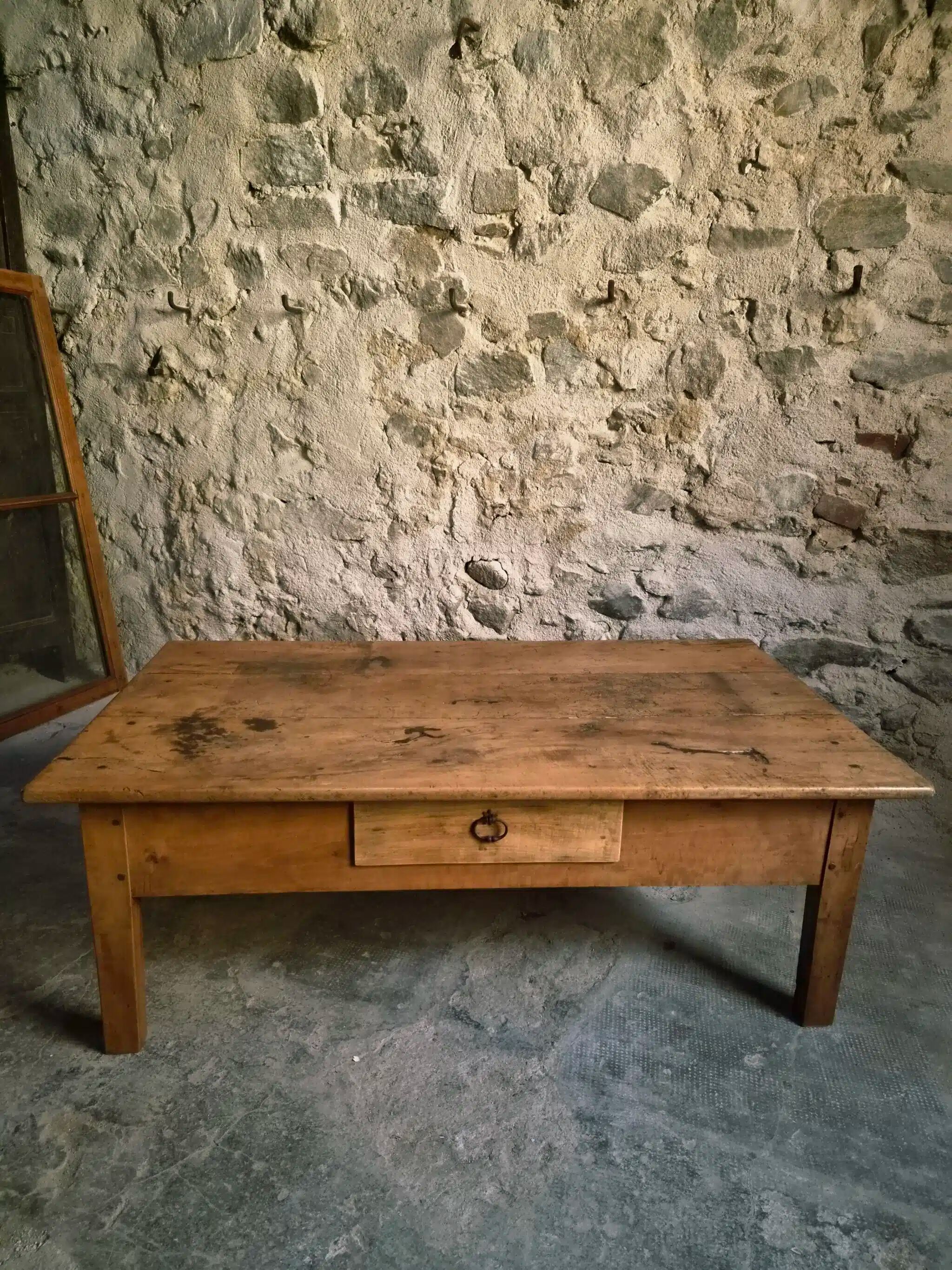 Antique cherry coffee table, rustic farmhouse table with drawer, circa 1750–1800.