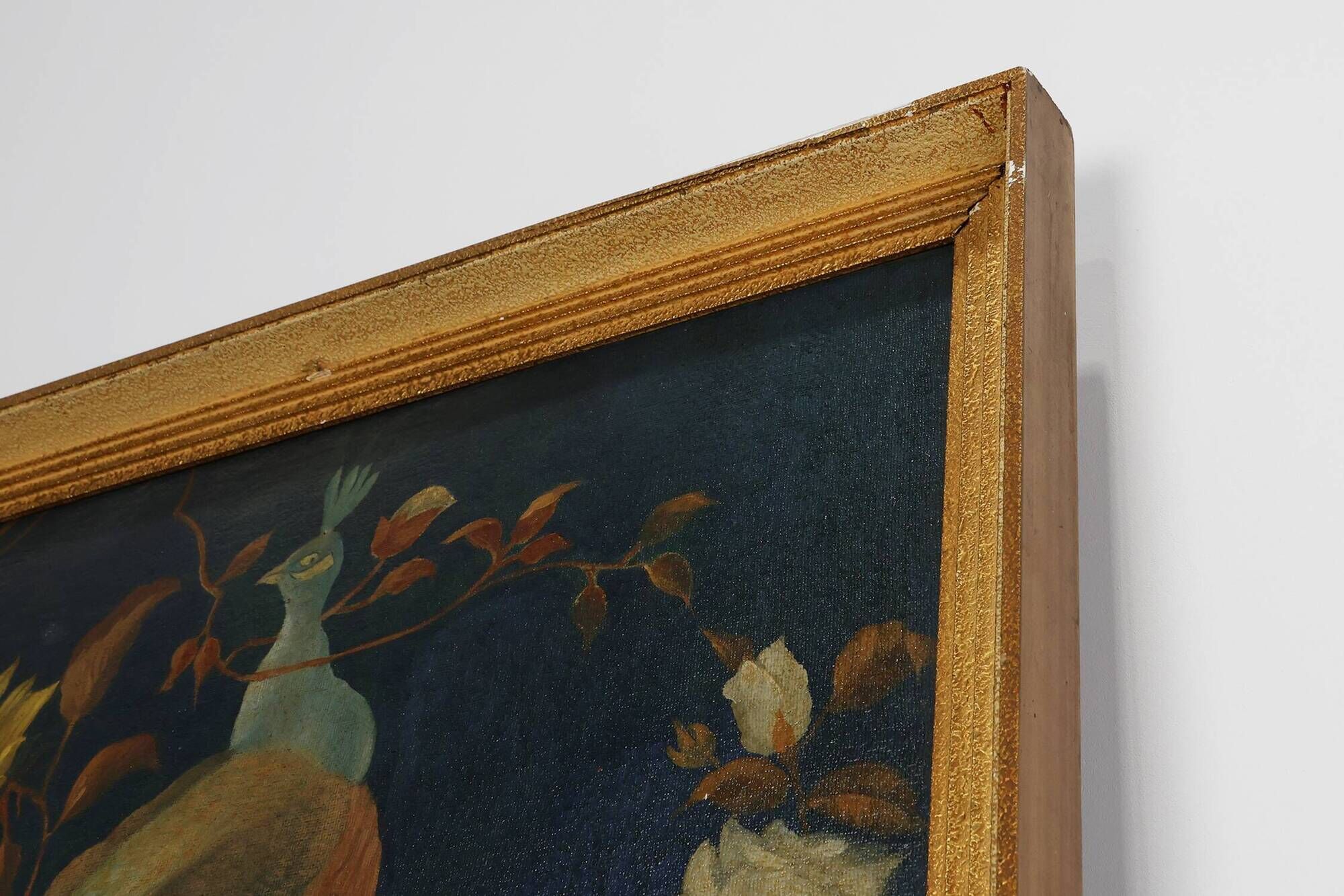 Signed Hollywood Regency style Painting of a Peacock with Roses, Belgium