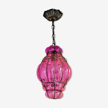 Suspension en fer forgé de Murano rose foncé