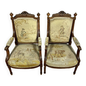 Jean de la Fontaine: pair of Louis XVI style armchairs