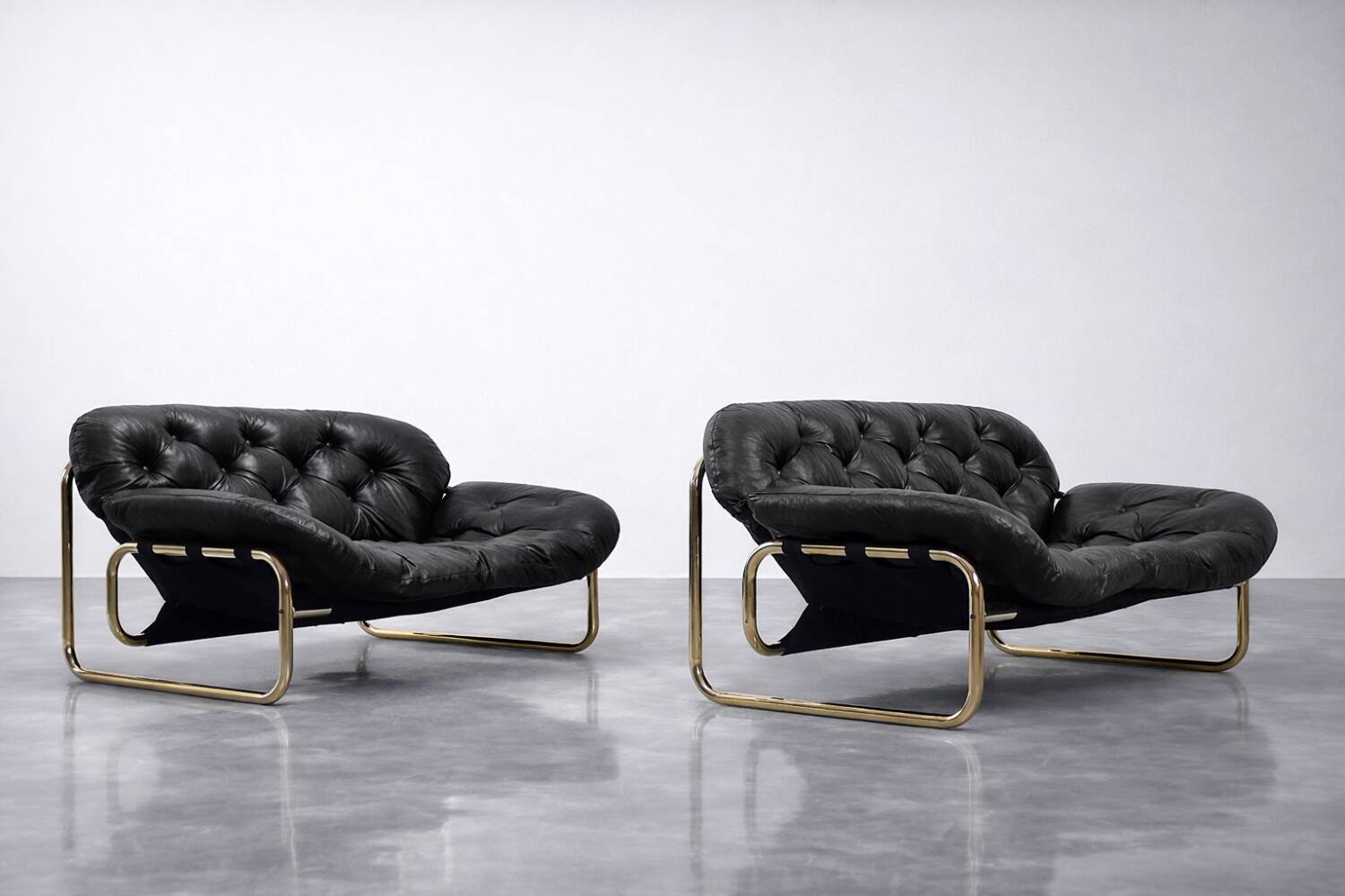 Vintage Mid-Century Scandinavian Modern Glamour Leather Black & Gold Sofa