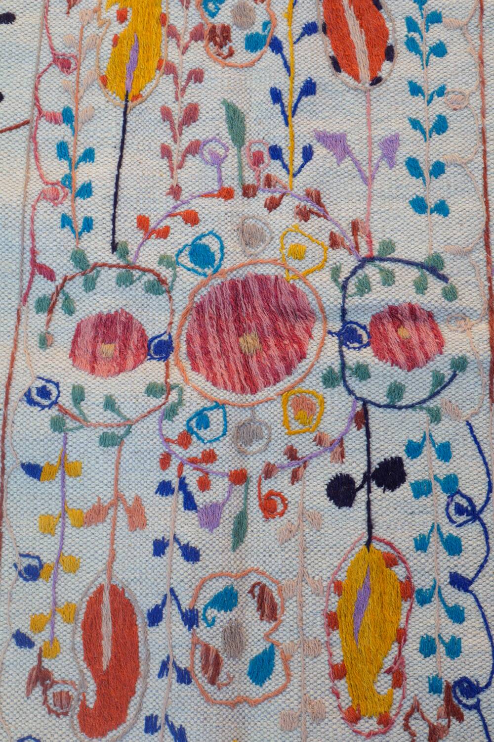 White suzani kilim rug with embroidered colorful patterns