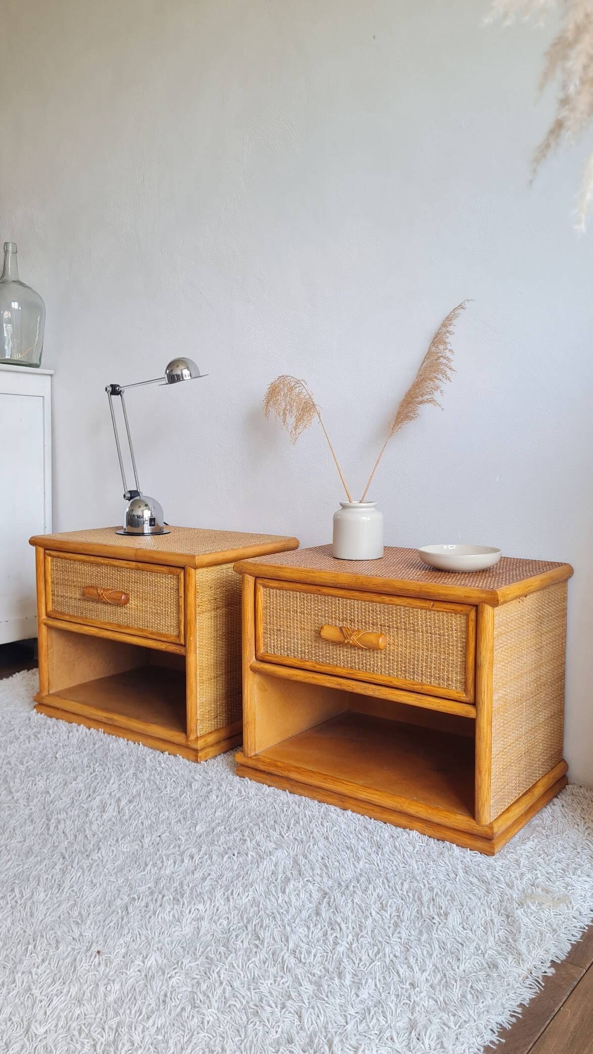 Pair of vintage rattan bedside tables from the 1970s.