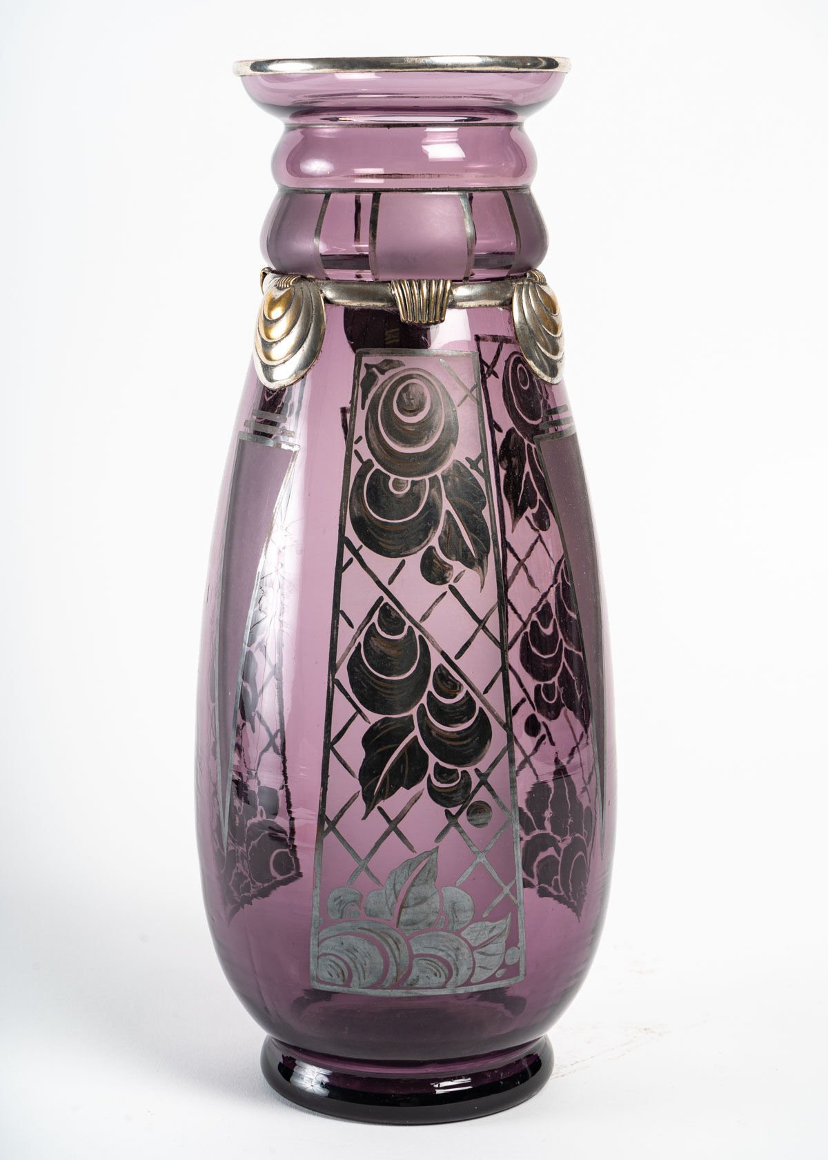 Argyl vase - purple glass and silver metal - period: art deco - twentieth century