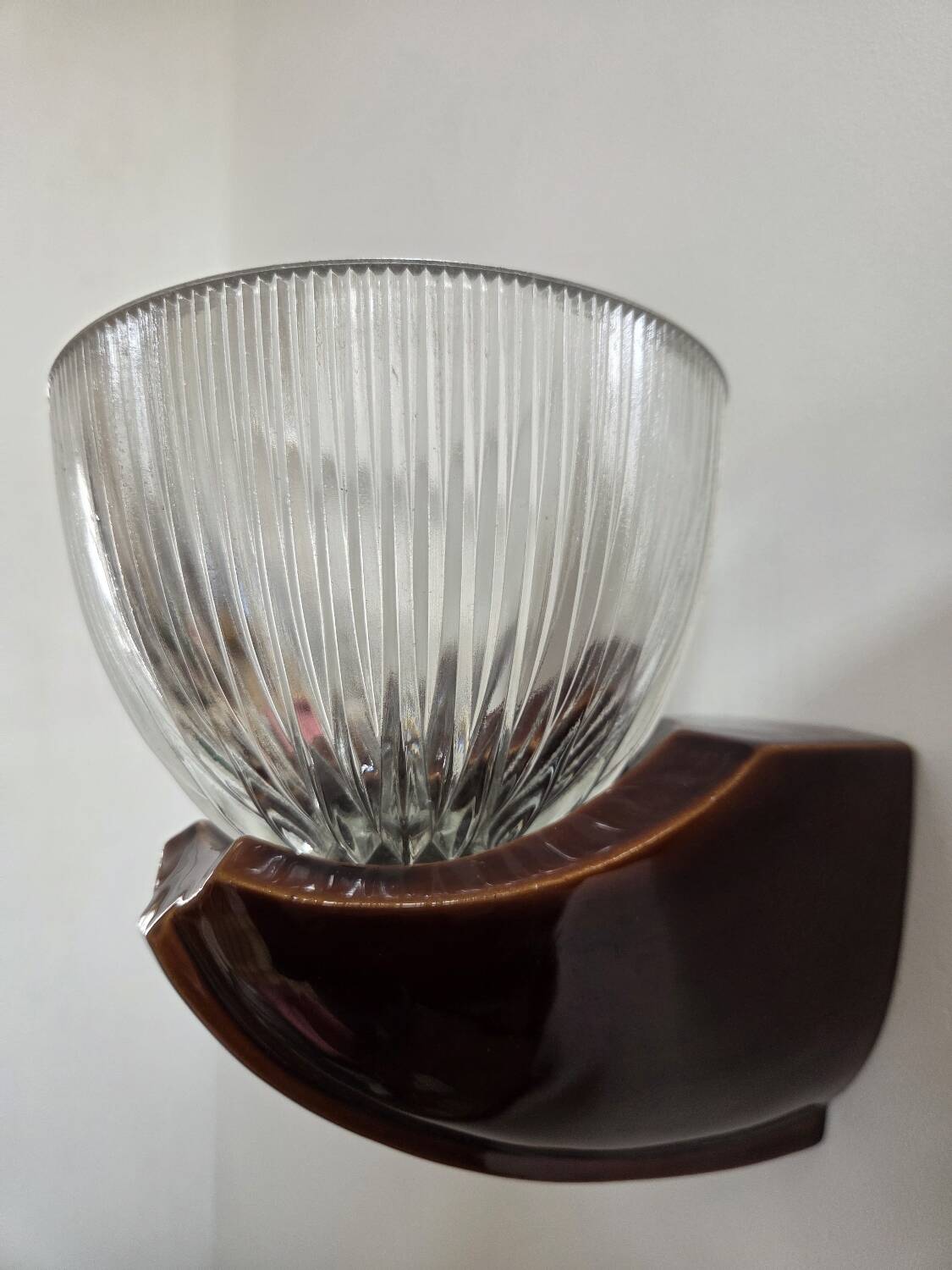 Pair of Art Deco wall lights, ceramic and holophane glass.