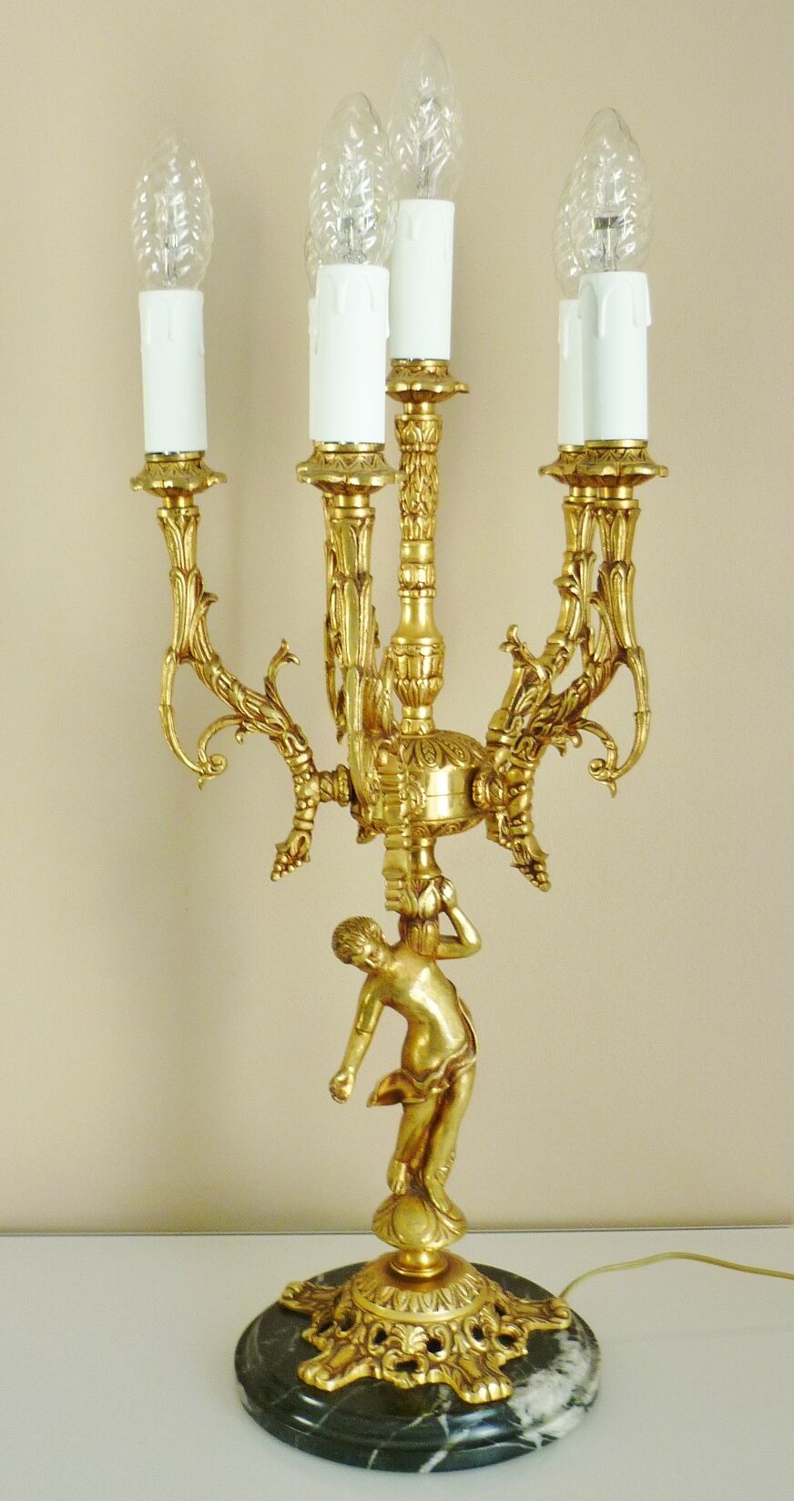 Candelabra, 6-pointed candlestick, marble, bronze, putti decoration, putto