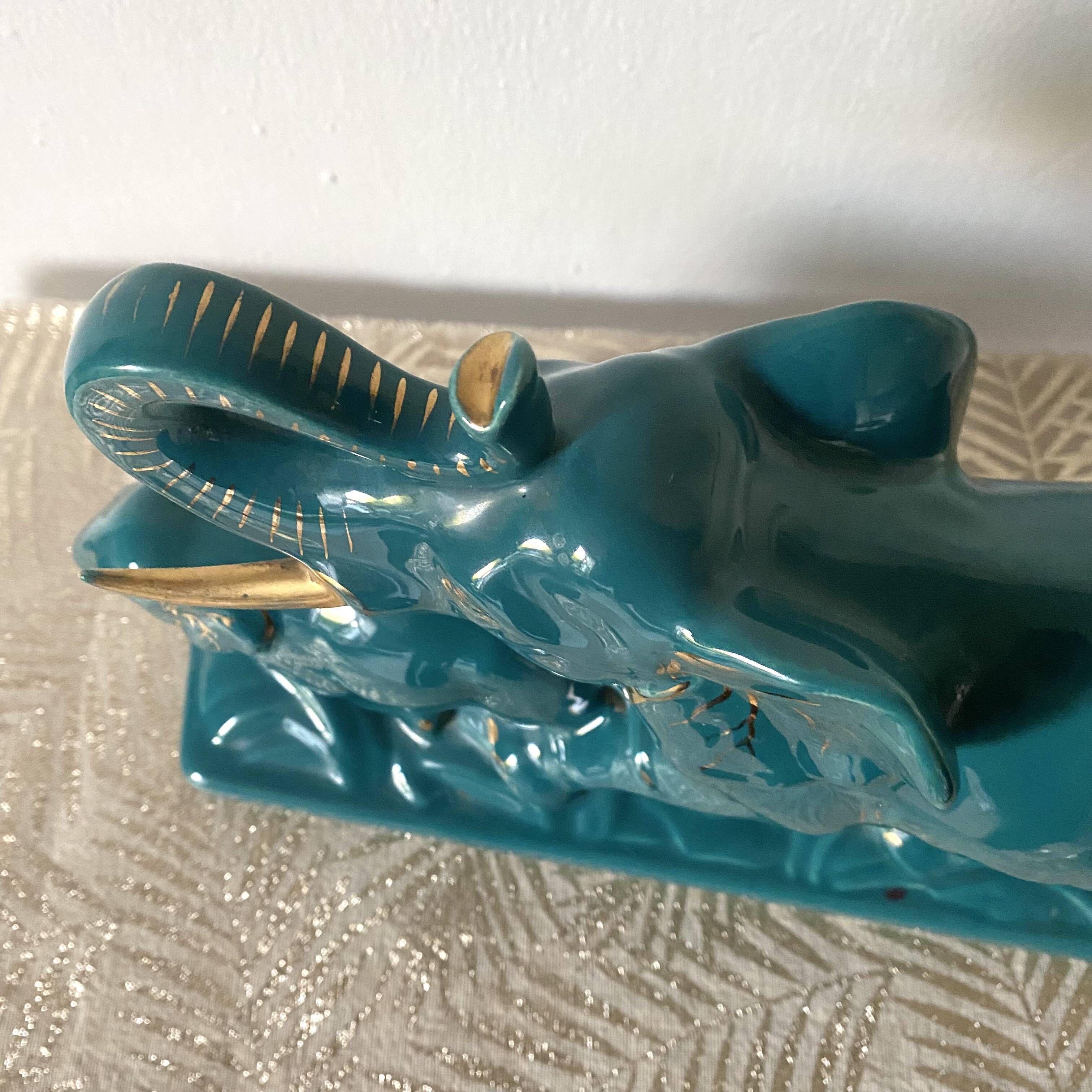 Turquoise and gold art deco ceramic elephants