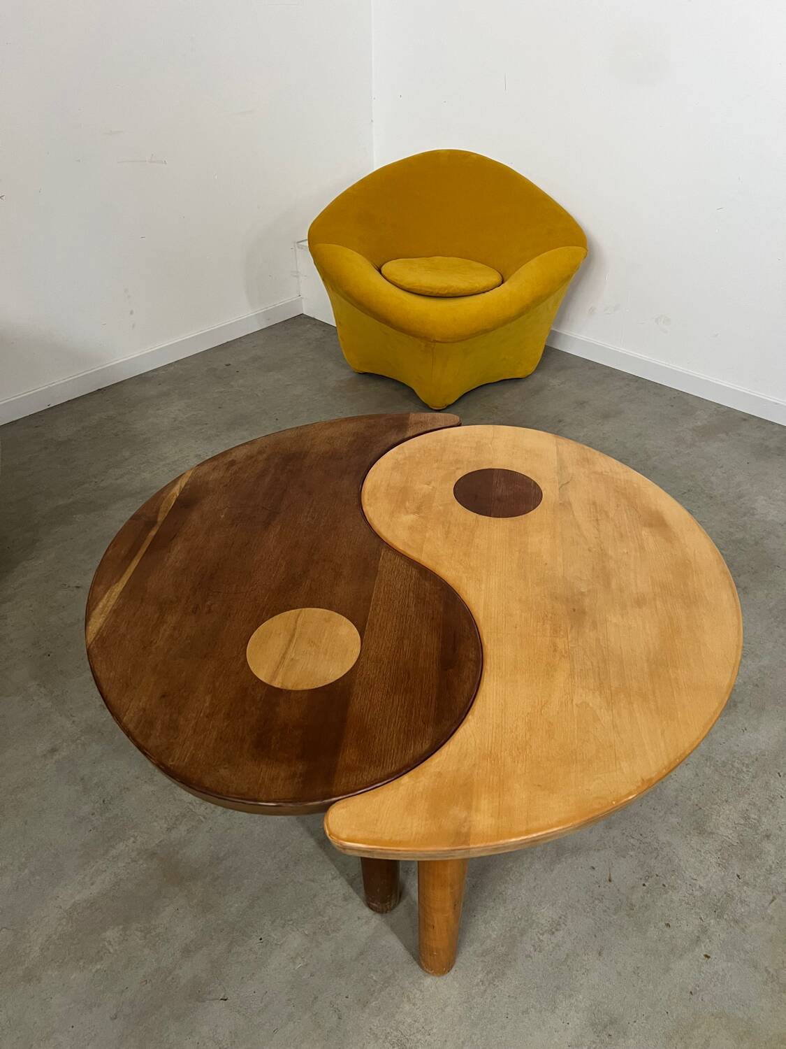 Solid wood coffee table with 2 Yin and Yang elements vintage 60s