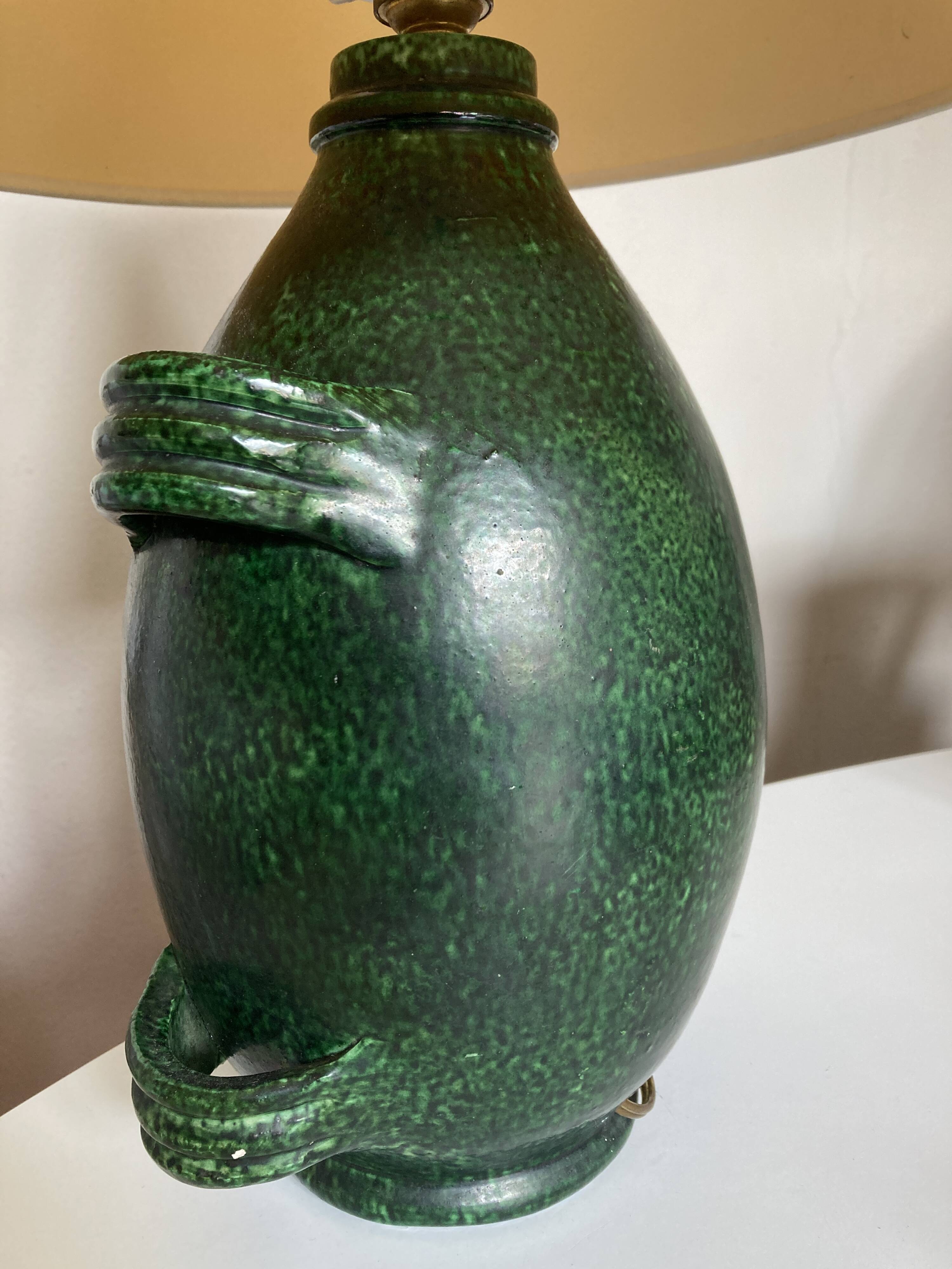 XXL green glazed terracotta lamp by Foucart Jourdan Vallauris 1960