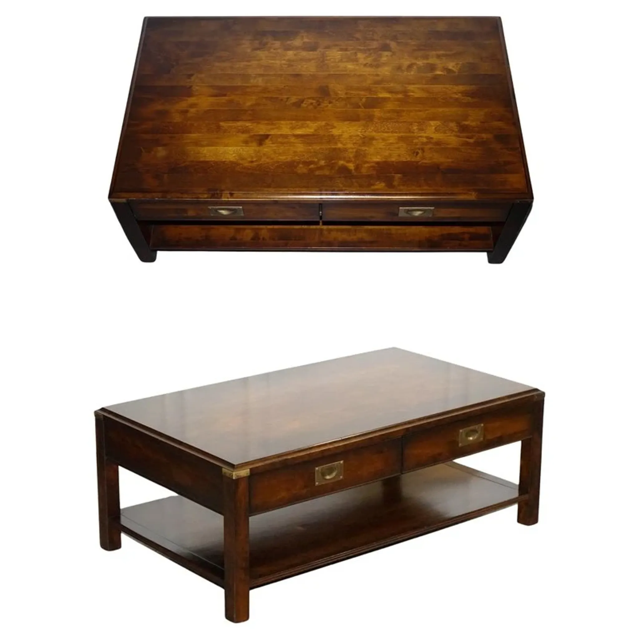 Vintage Military Campaign Coffee Table in Brass and Hardwood with Drawers