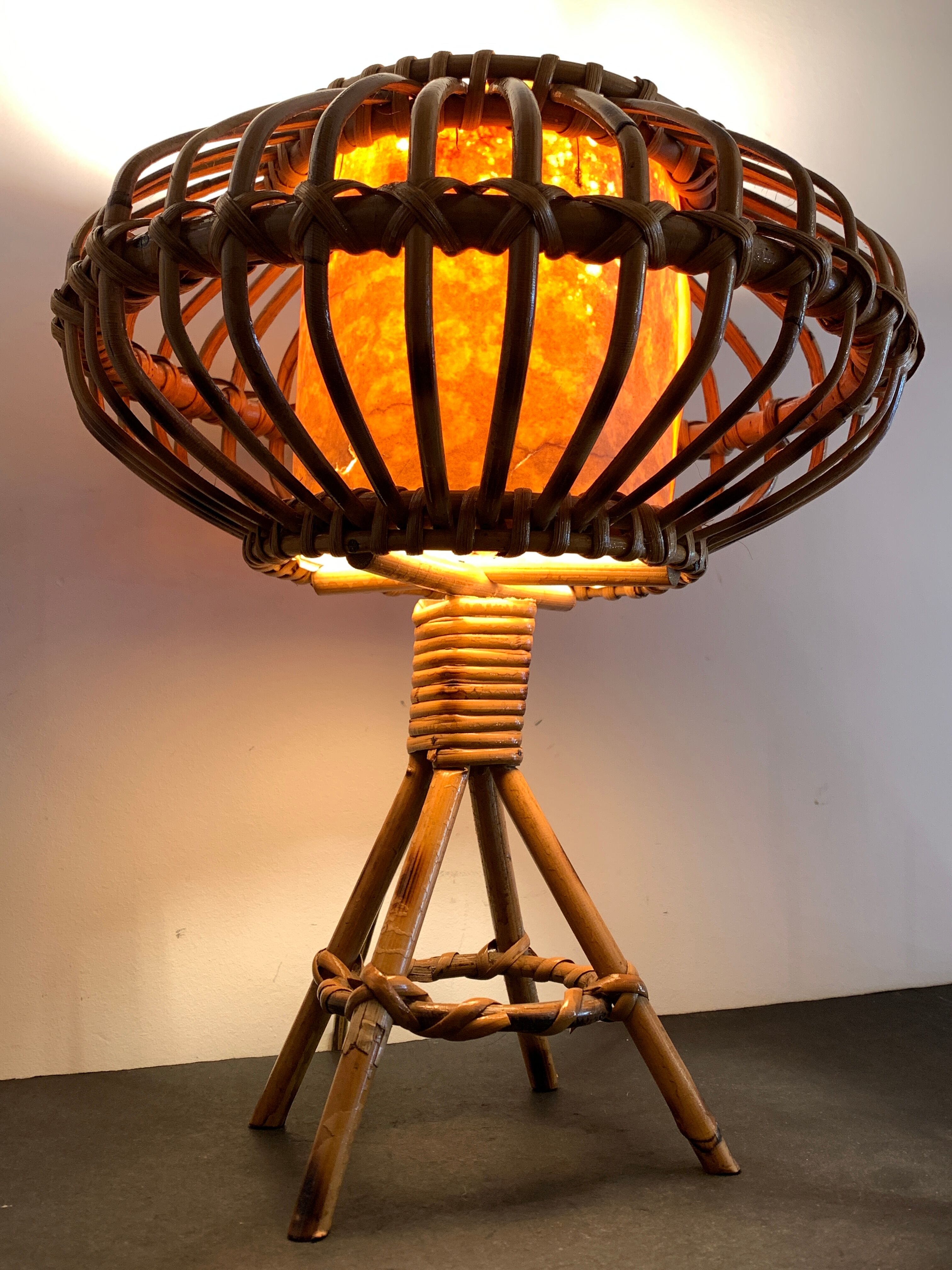 Rattan lamp in the shape of an ellipse Louis Sognot 1950