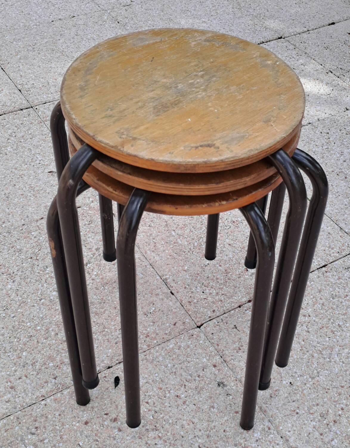 3 wooden and tube school stools