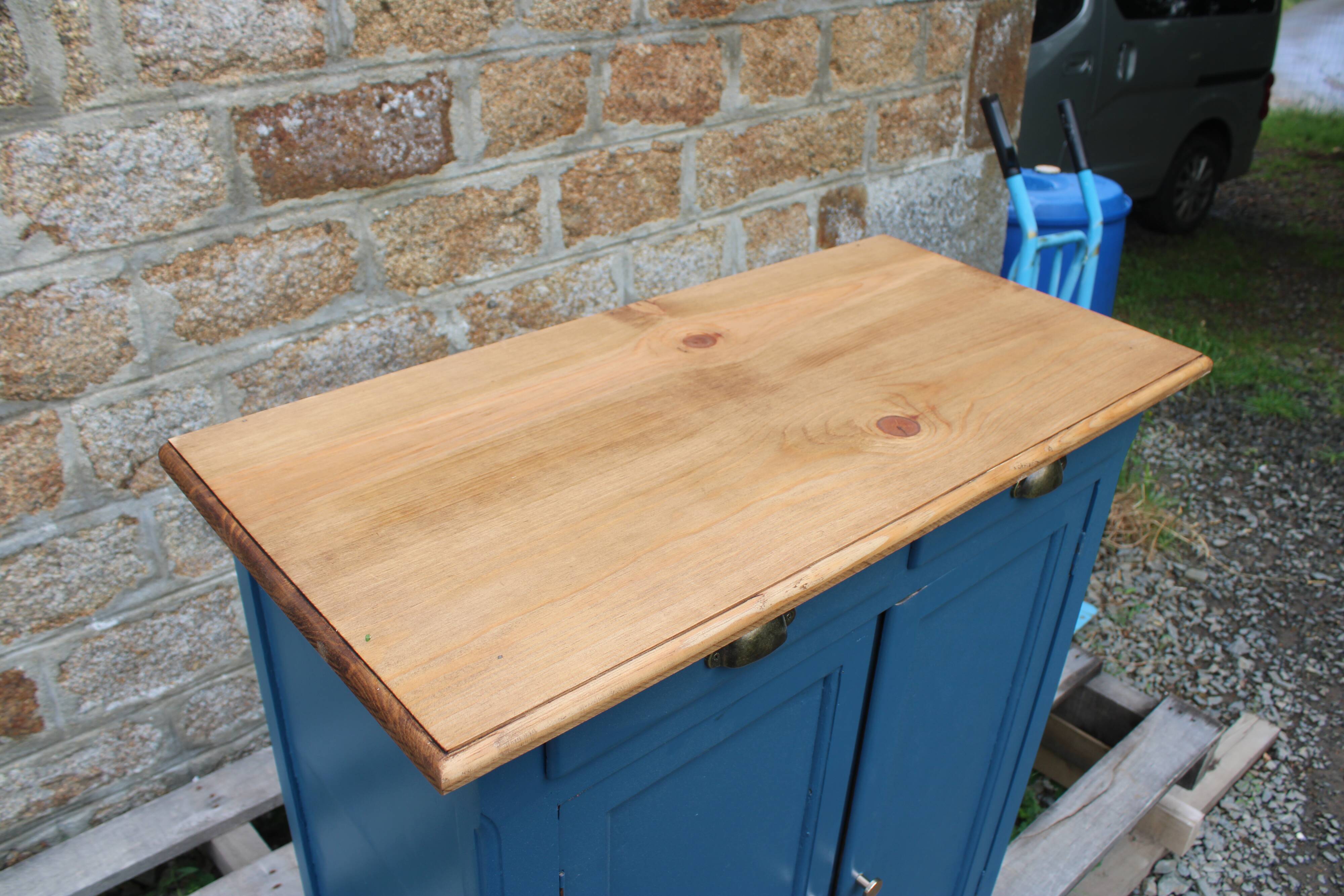 Vintage deep blue Parisian sideboard & natural wood top