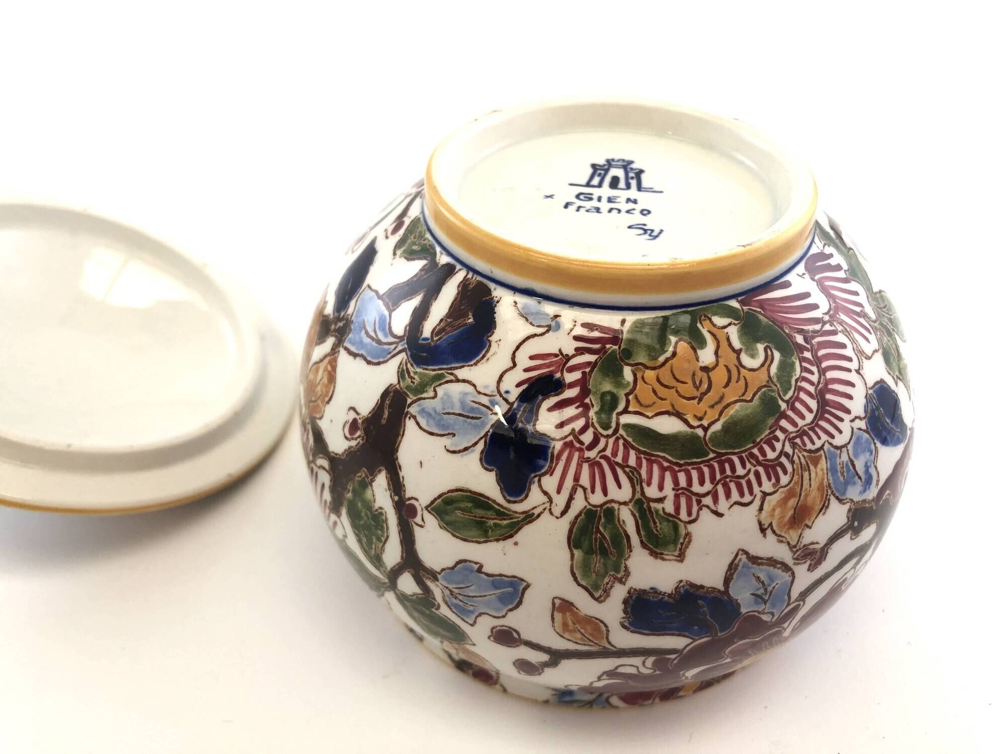 Old Sugar Bowl Candy Box Covered Earthenware Pot Gien Peonies