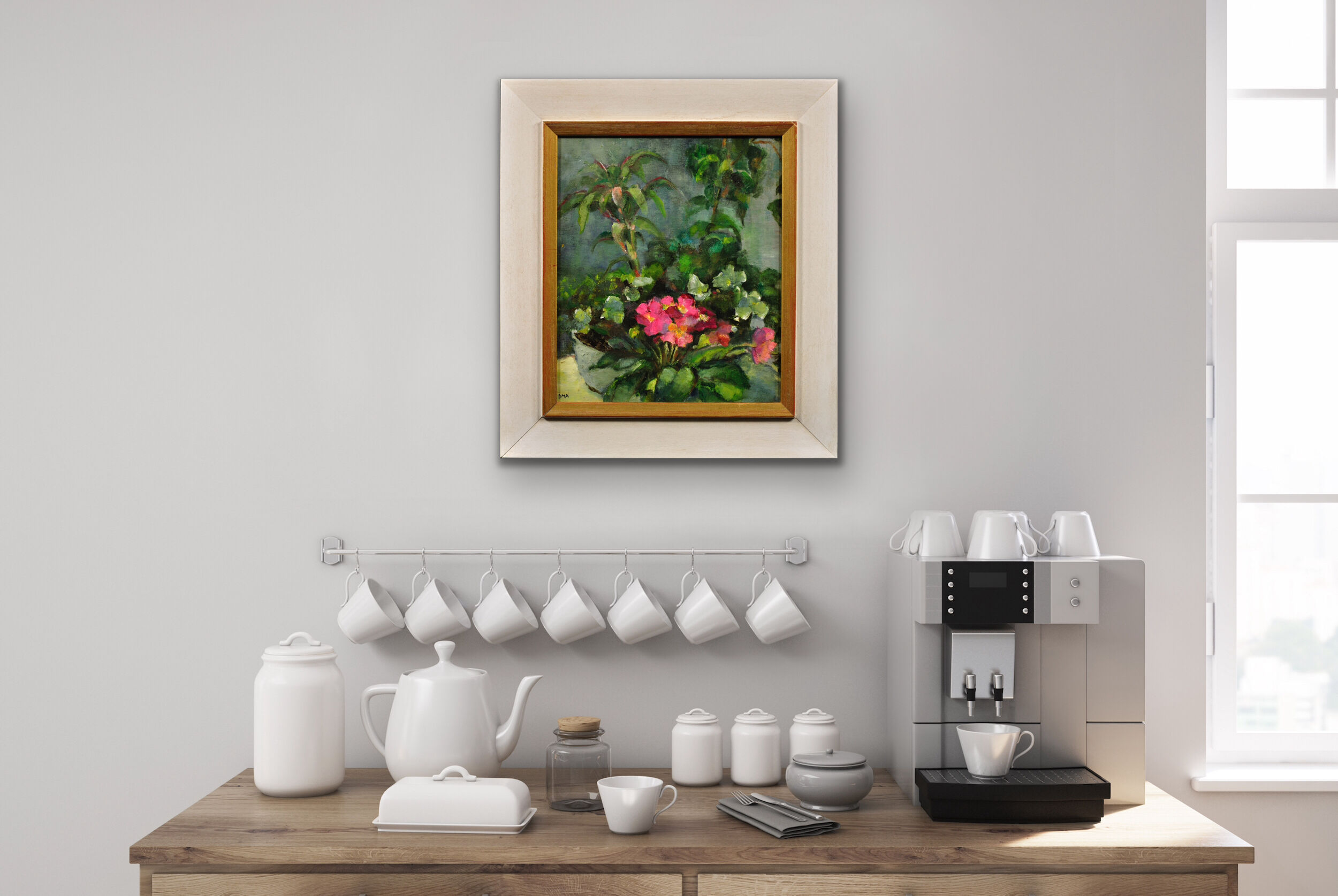 Diana maxwell's painting armfield b.1920. english. pink primulas & pot plants.