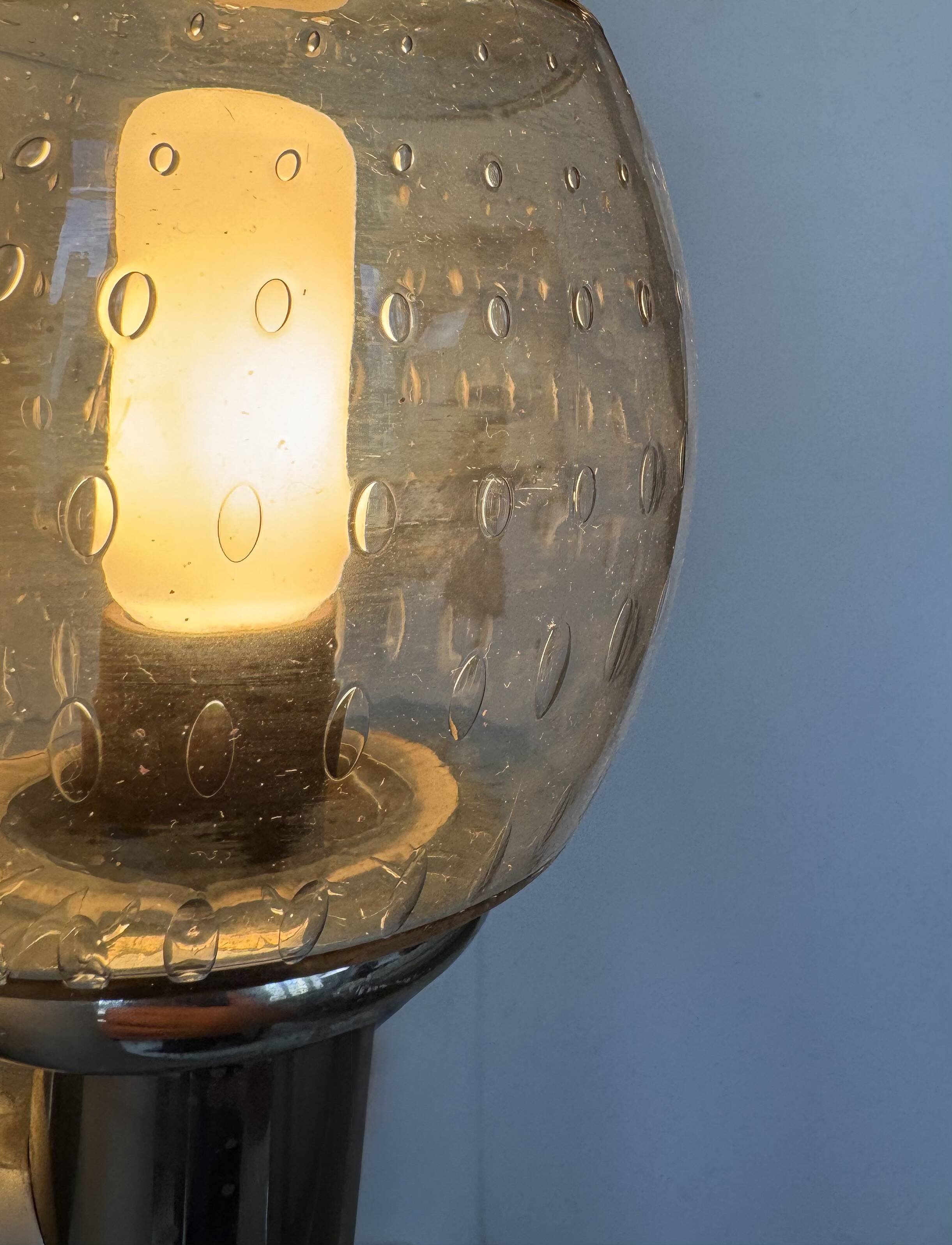 Pair of vintage wall lights, chromed metal and bubbled glass, France, 1960