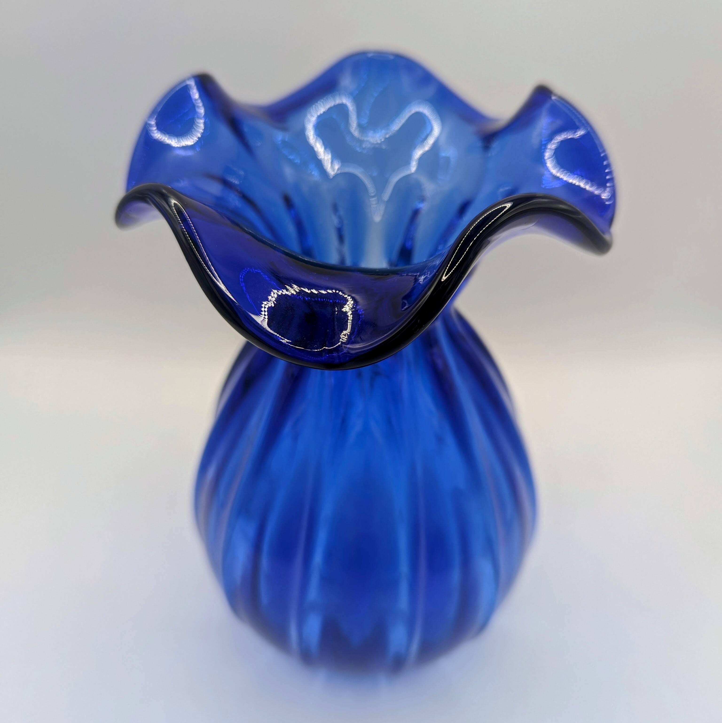 Cobalt Blue Ruffled Edge Ribbed Glass Vase