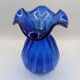 Cobalt Blue Ruffled Edge Ribbed Glass Vase