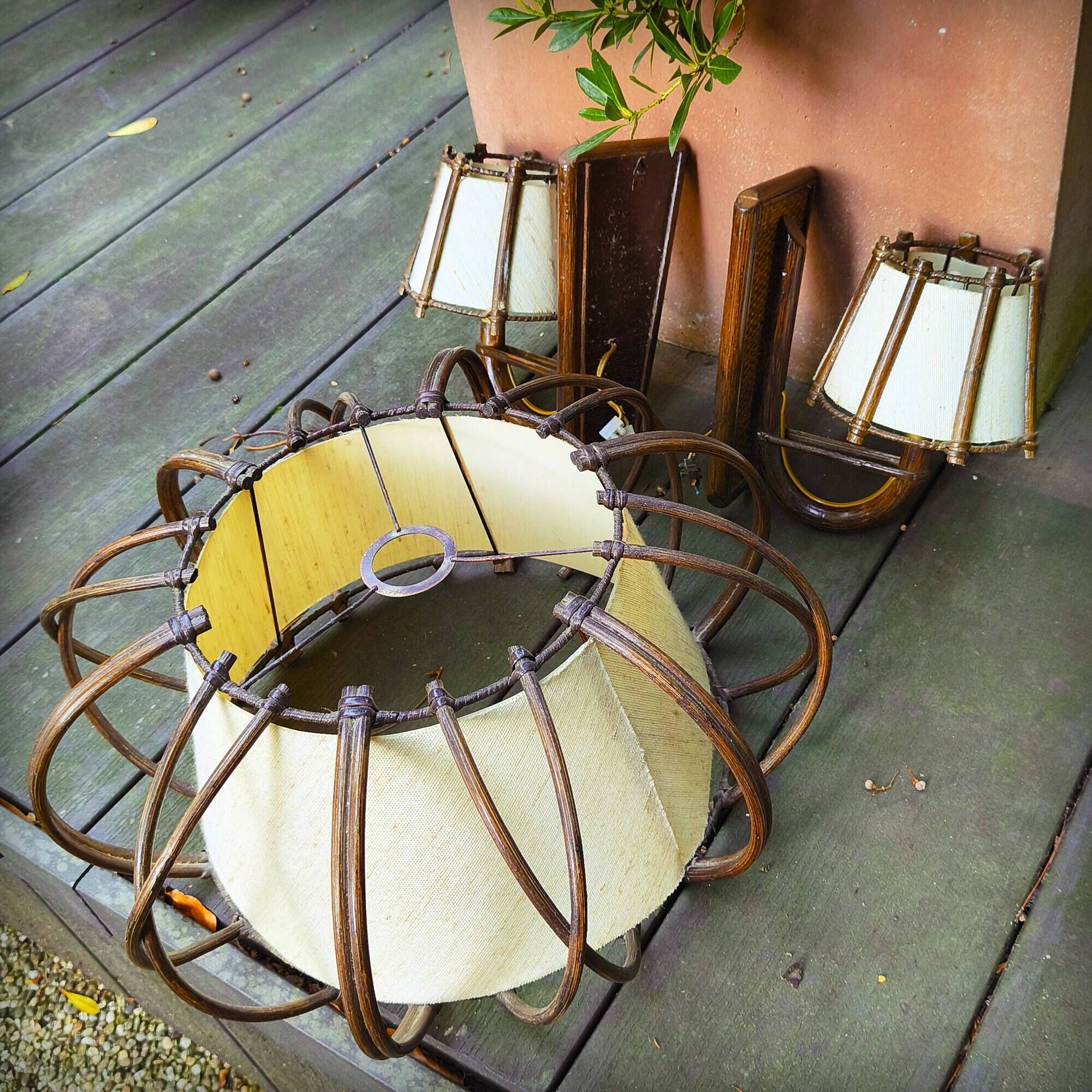Suspension light and its 2 rattan wall lights by Louis Sognot, 1950s
