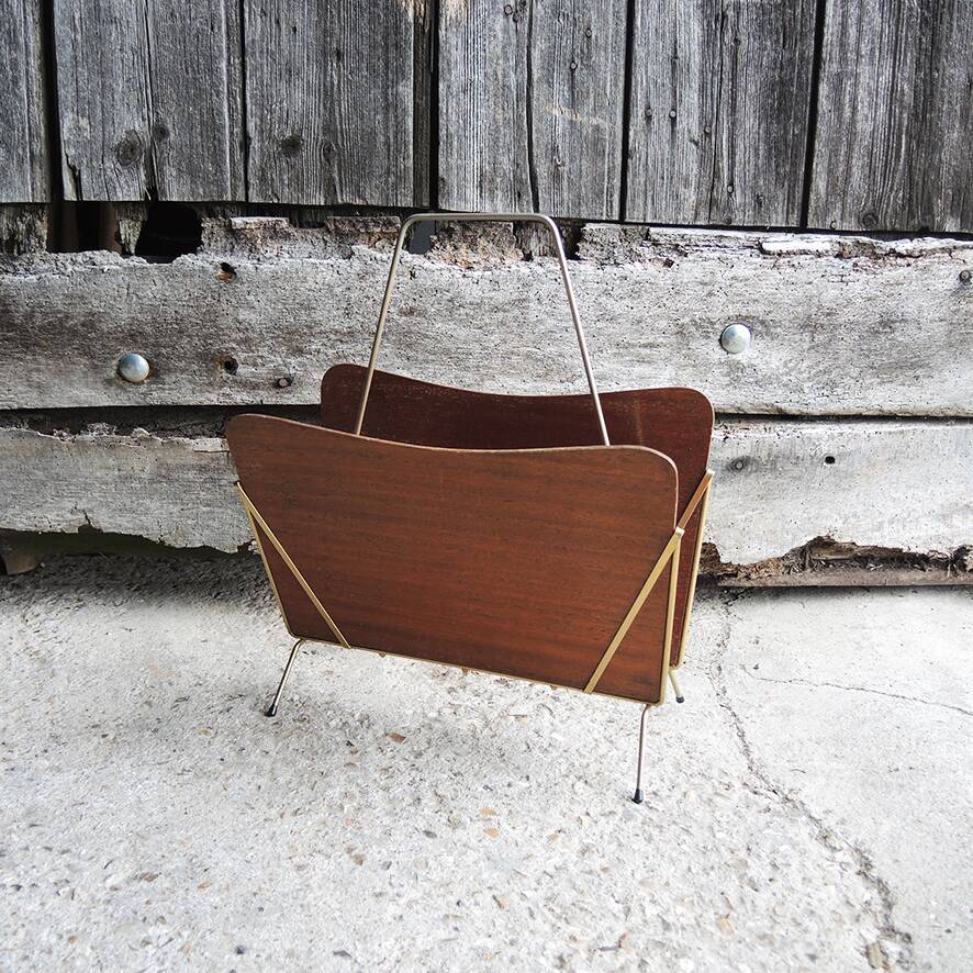 Antique wooden and brass magazine rack