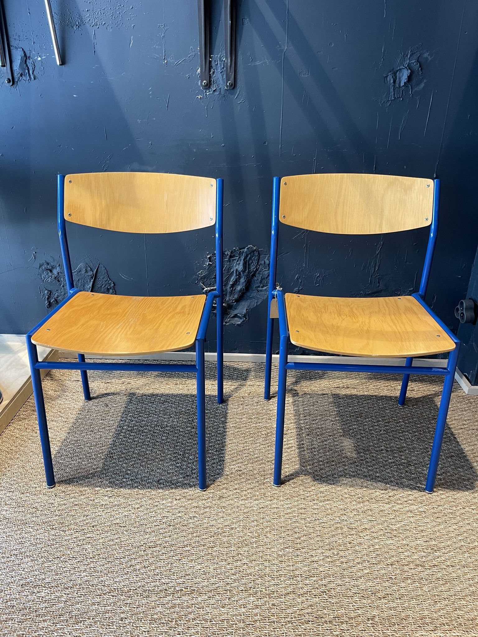 Pair of Gijs Van Der Sluis chairs in wood and blue legs from the Netherlands, 1970s