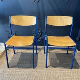 Pair of Gijs Van Der Sluis chairs in wood and blue legs from the Netherlands, 1970s