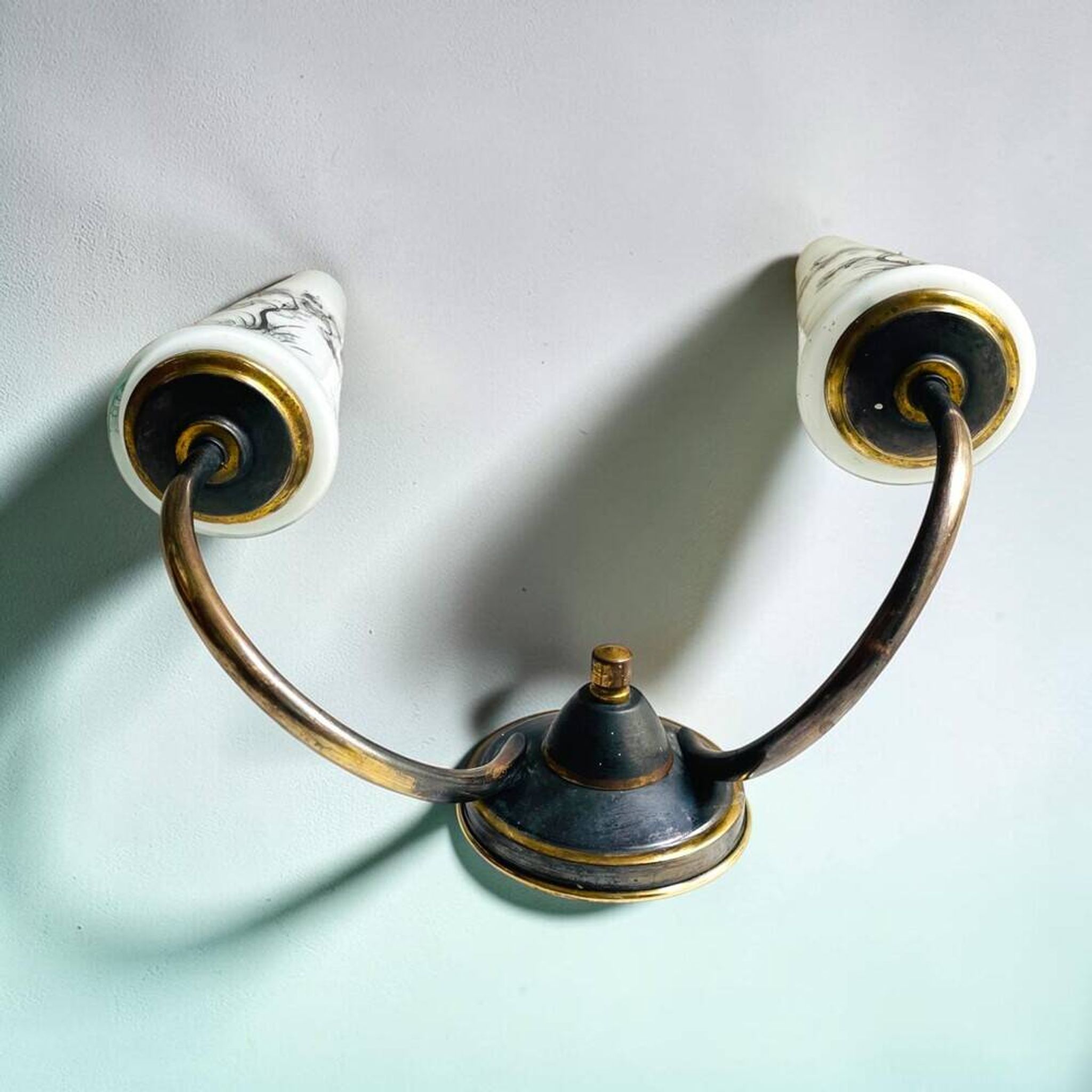 Pair Mid century brass and glass double wall sconces