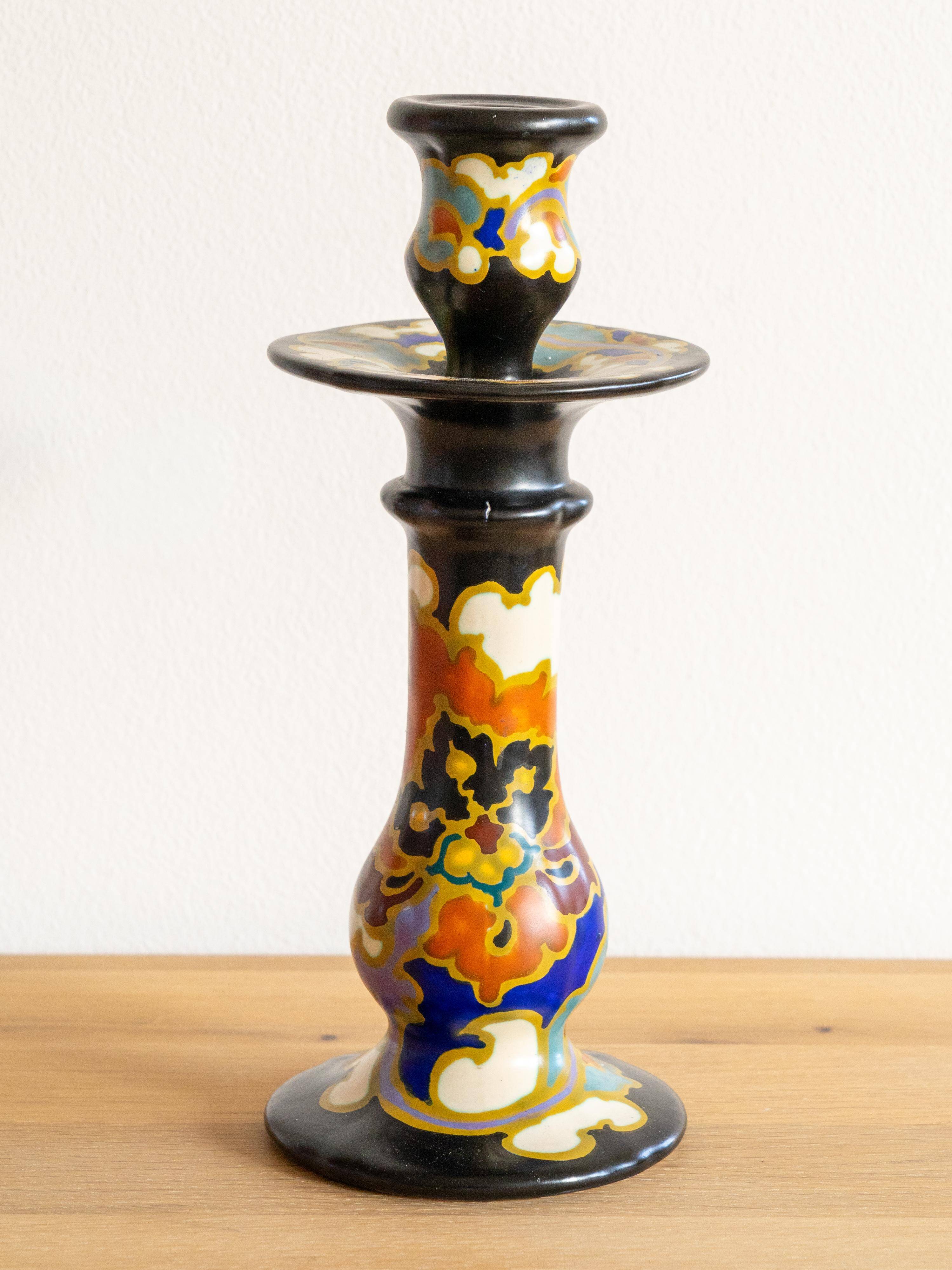 Hand-painted ceramic candlestick in Art Deco Revival style, Dutch Gouda pottery.