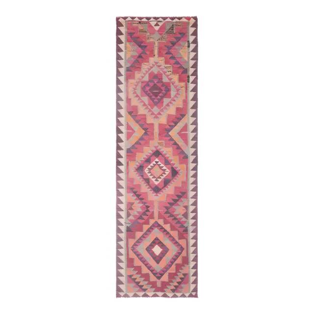 1970s Turkish Oushak Handmade Wool Cotton Pink Runner Rug 95x333