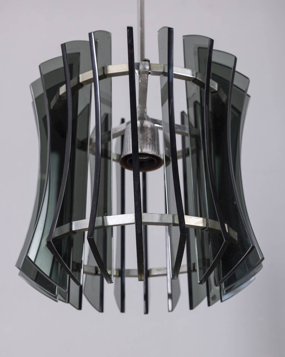 Vintage 1960s chandelier in metal and smoked glass by Veca design